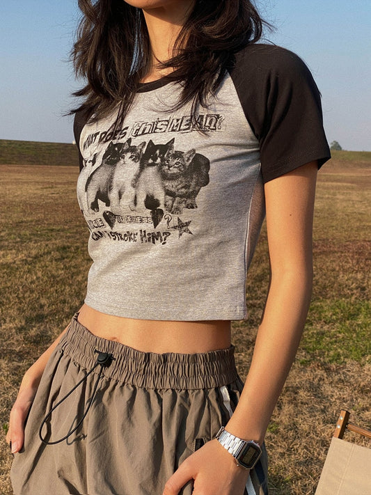 Y2k Crop Tops Tees Cat